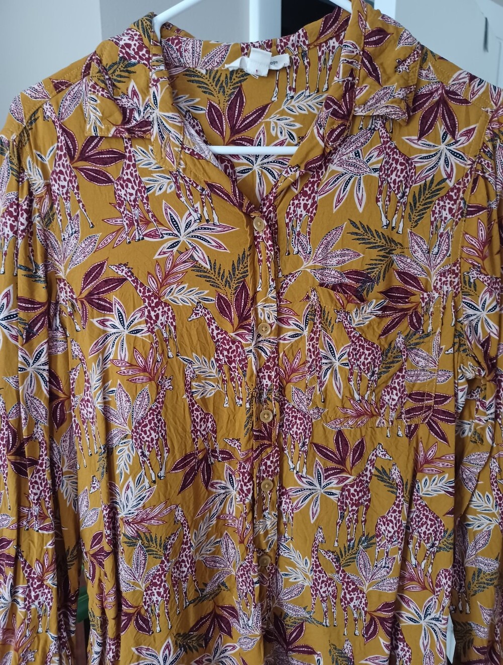 Mustard Yellow Giraffe & Leaf Print Button-Down Top